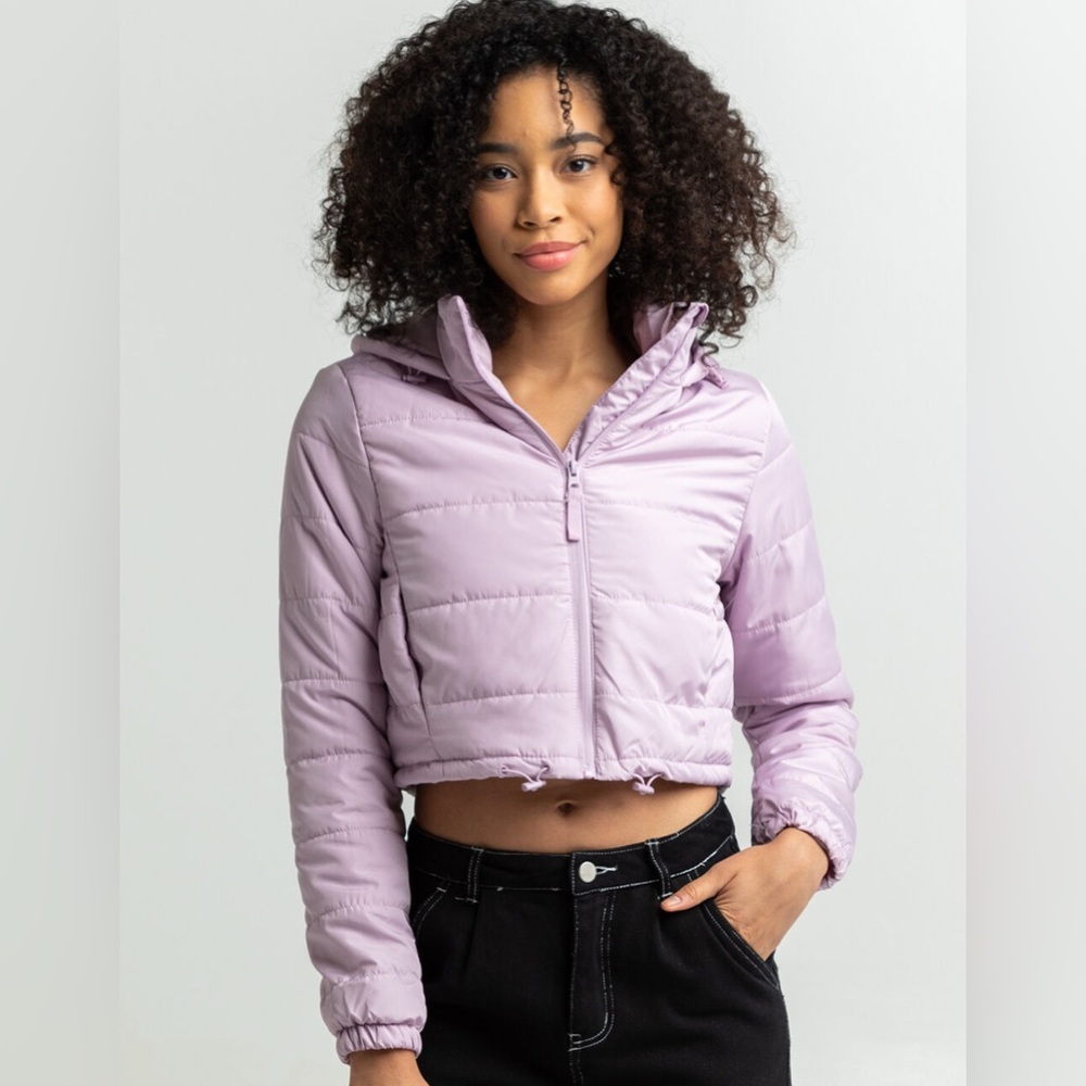 Women's Lavender Puffer Jacket cropped zip up hooded by Full Tilt size Large